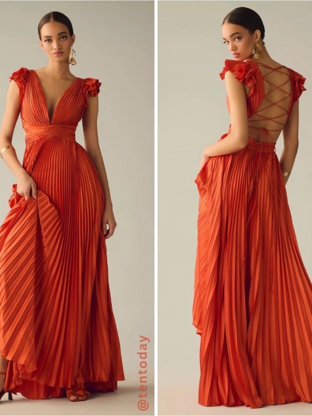 Mac Duggal Vibrant Orange Pleated Maxi Gown - worn once - Picture 1 of 3